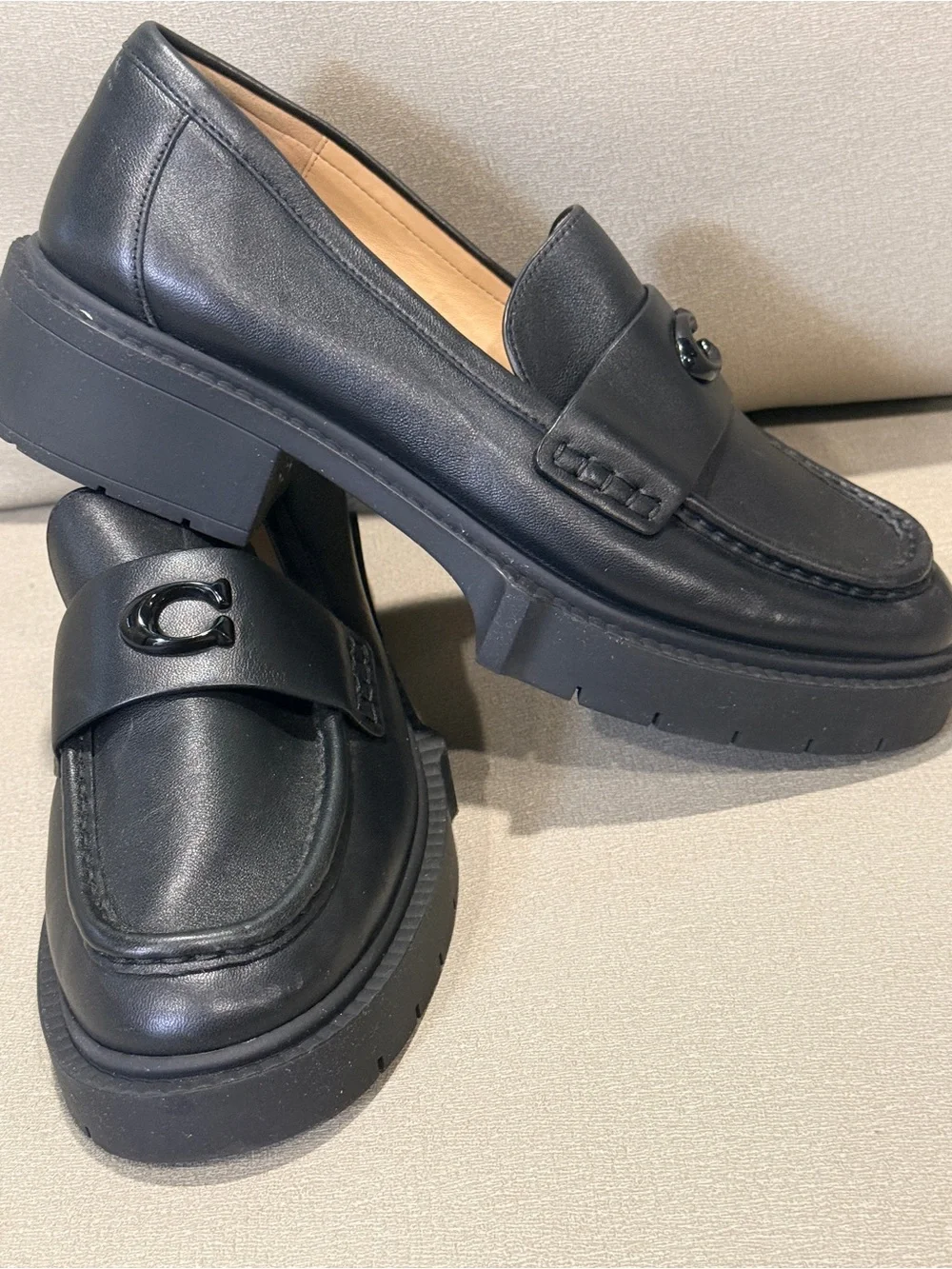 Coach Men's Black Leather Loafers with Glossy C Accent